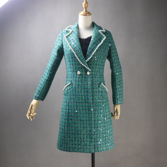 Women's Winter Tailored Sequinned Pearls Decoration Tweed Long Warm Coat - Fashion Pioneer