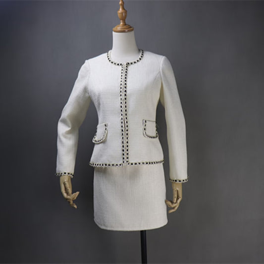 Women's White and Sparkle Trim Tweed Suit UK CUSTOMER SERVICE! Women's White and Sparkle Trim Tweed Suit - Suits and Coat have unique style. We offer Shorts, Skirts, Trousers for the suit. Our tailor will make as per customer requirement like with pocket, sleeveless, without pocket etc. All items are made to order with very experienced tailors. Please advise your height, weight and body measurements