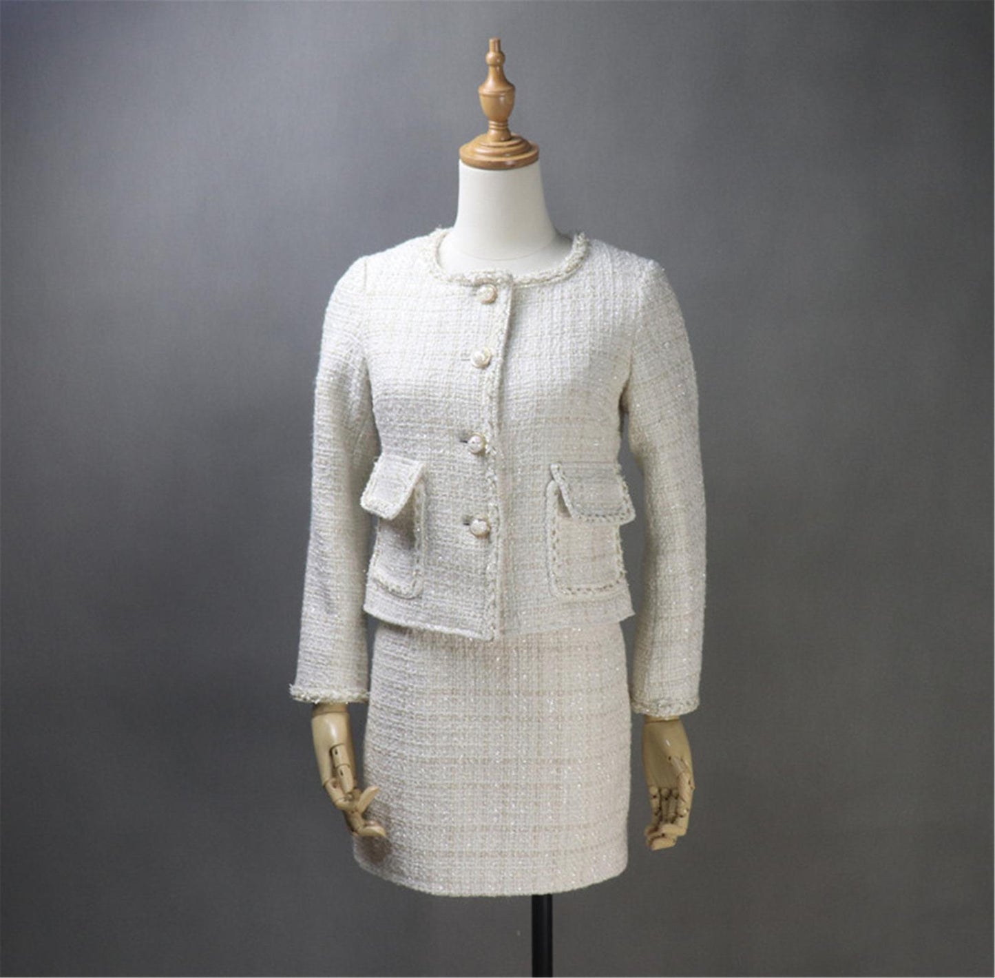 Women's Custom Made Beige Tweed Blazer Coat+ Skirt Suit UK CUSTOMER SERVICE! Women's Custom Made Beige Checked Pattern Tweed Blazer Coat+ Skirt Suit, can wear it for all suitable occasion. This suit with front two pocket, round neck and long sleeves with pearl buttons. Skirt with back zip and our tailor make exact shape and design as per customer requirement. Dry clean and no machine wash.