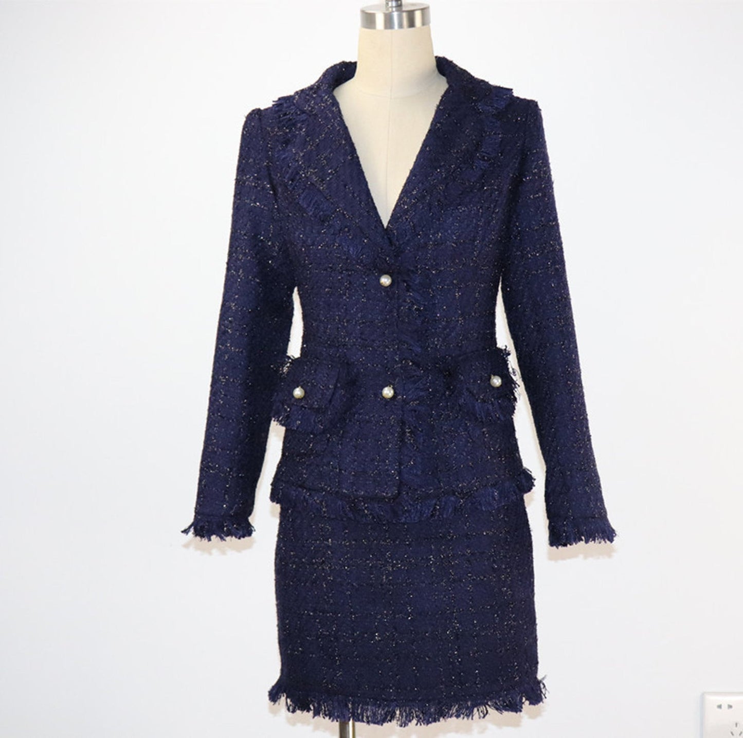 Tweed Tassel Blazer Custom Made Sequined + Skirt Suit Navy UK CUSTOMER SERVICE! Tweed Tassel Blazer Custom Made Sequined + Skirt Suit Navy - It is a lovely fit and the shoulders of the blazer are very lightly padded for a strong silhouette. A chic and sophisticated multicolour jacket. This jacket will look great worn for a smart event or even casually.