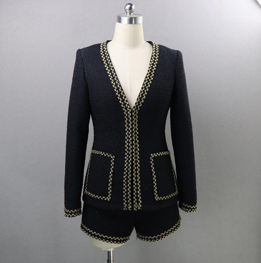 Golden Trim Hand Custom Made Tweed Shorts/Skirt Suit