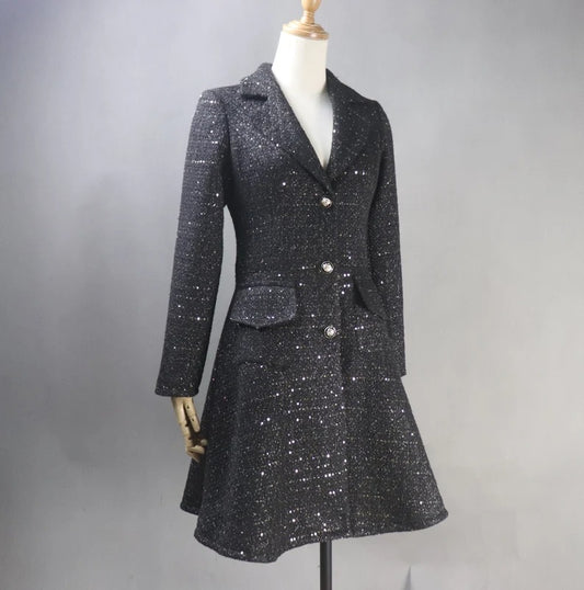 Black Sequinned Flare Tweed Long Warm For Womens. Long Winter Coat,Black Winter Coat,Sequinned Long Coat,Sequin Winter long Coat,Sequin warm long coat,Warm Long Coat,Winter Long Coat,Women Long COat for Winter,sequin long coat,sequin winter coat
