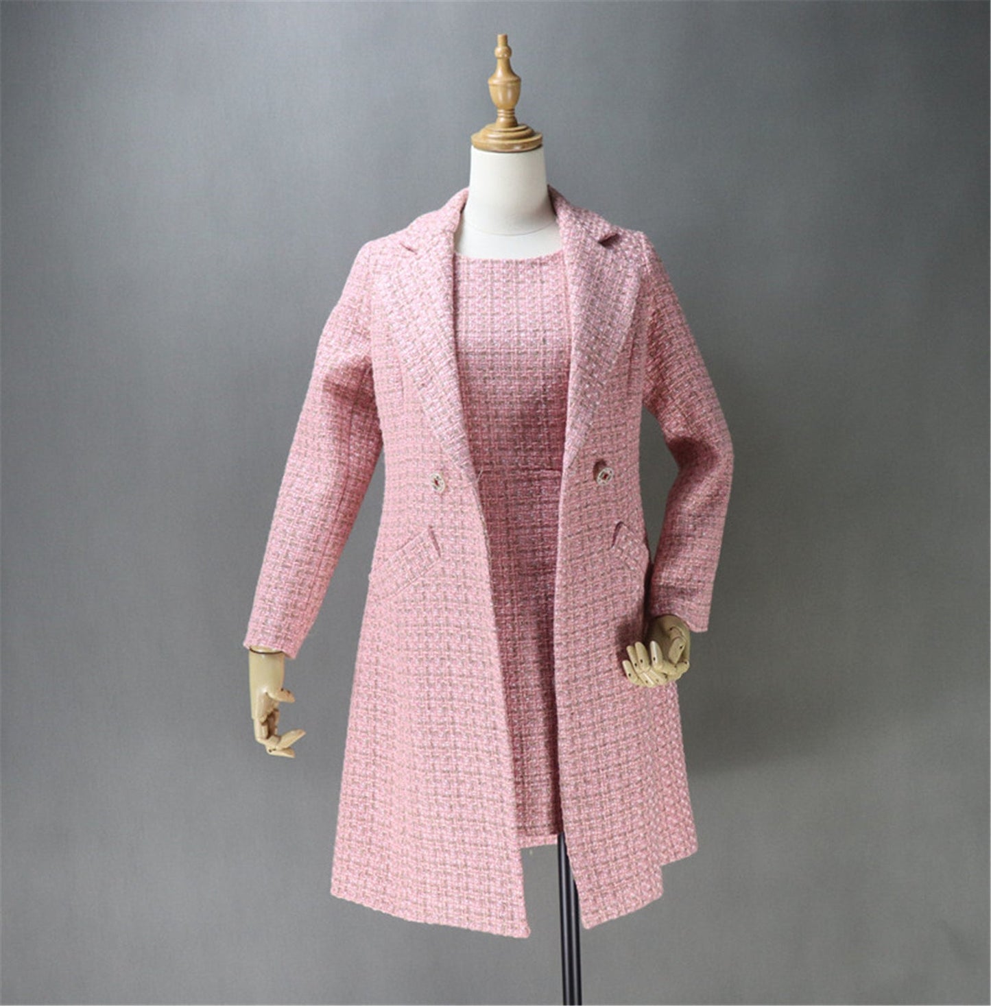 Pink Tweed Sheath Dress + Long Coat (20% discount) - This is tweed fabric, seasonal fabric, can wear all time. Back zip with long pink coat. Look gorgeous and feel comfort to wear. Can wear official use, Business use ,ceremony and inauguration. As per customer requirement, our tailor will made change in pink tweed fabric and coat.