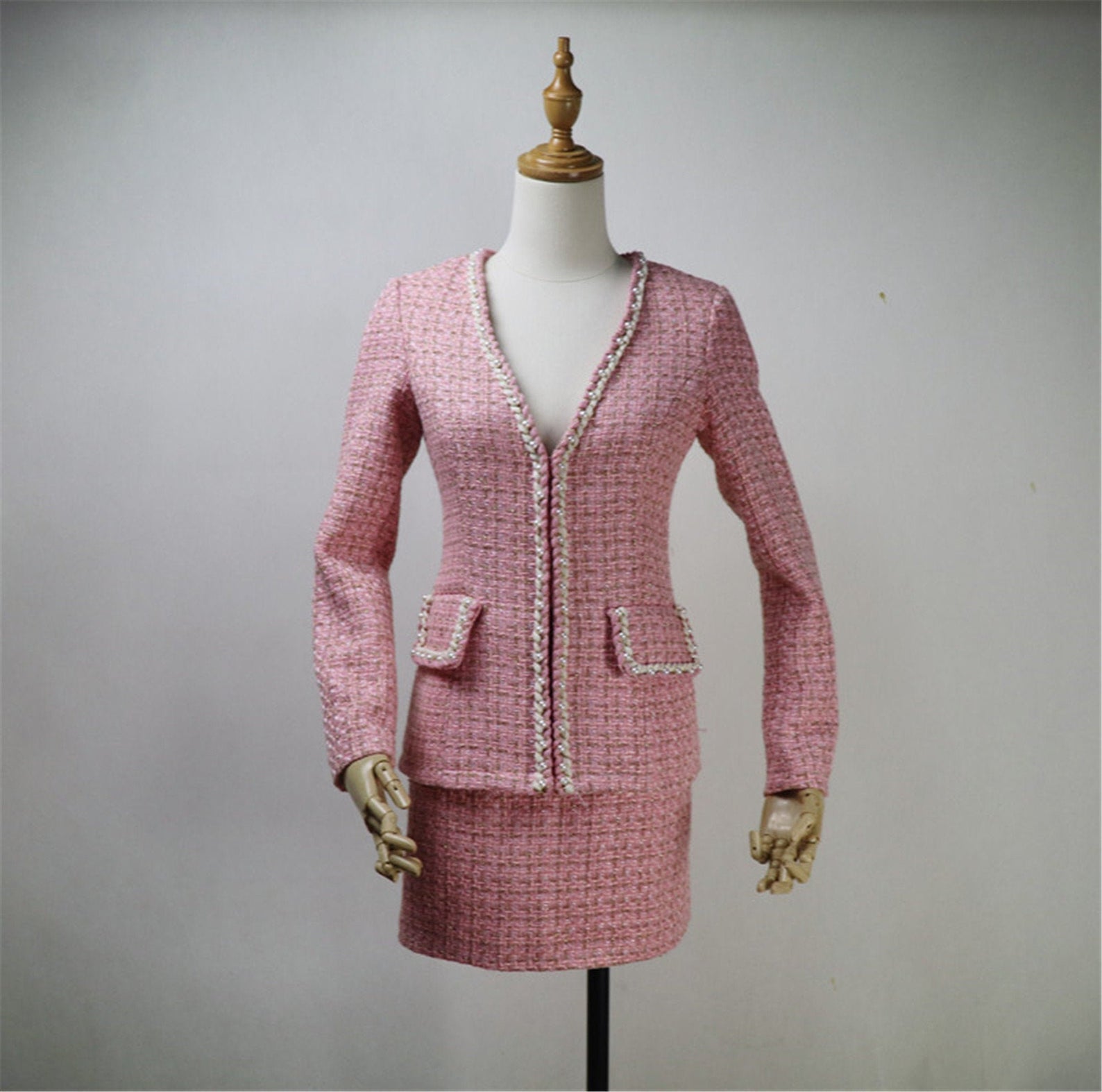 pink tweed dress suit Women Pink Tweed Jacket + Sleeveless Dress Suit Sequined Fabric Spring/Autumn Jacket Ladies 2 Piece Elegant Set pnnrk XL : Amazon.co.uk: Fashion