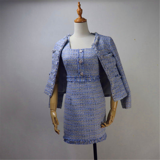 Women Custom Made Check Tweed Blue Color Dress/Shorts/Skirt Suit