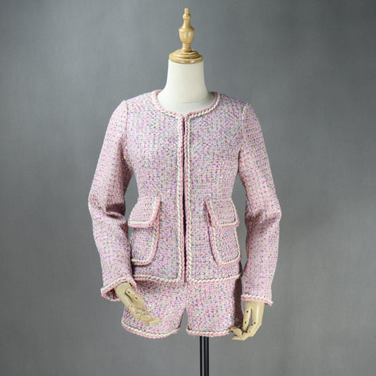 Womens Designer Inspired Big Pockets Custom Made Sequined Tweed Shorts/Skirt Suit Pink