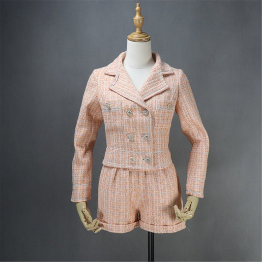 Hand Made Light Orange Custom Made Tweed Shorts/Skirt Suit