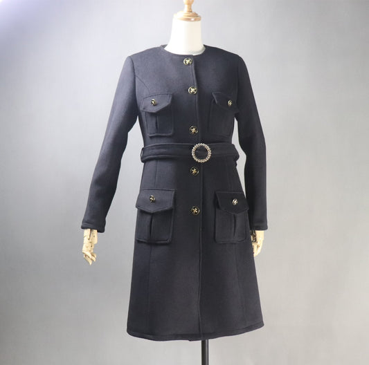 Women's Winter Tailor MADE 50% Wool Tweed Belted Long Warm Trench Coat Black - Fashion Pioneer
