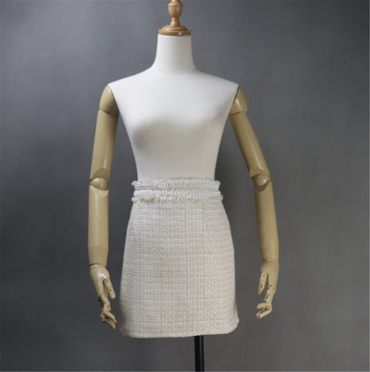 Women CUSTOM Made Tweed Pearl Decoration Beige Mini/ Midi Skirt - Fashion Pioneer