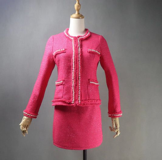 Women's HAND MADE Hot Pink Pearls Decoration Jacket Coat Blazer+Shorts/Skirts/Trousers UK CUSTOMER SERVICE! Women's Tailor CUSTOM MADE Hot Pink Pearls Decoration Jacket Coat - We offer Blazer+ Shorts/Skirts/Trousers. Hot pink colour designed with pearl button. Front pocket with fully lined jacket and skirt. Can worn for college inauguration, party, events, wedding wear, outside Dinner, Friends party, Church wear and night out wear. Dry clean and no machine wash.