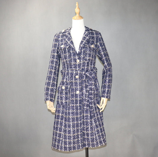 Women Designer Inspired Tweed Wool Blend Sequined Trench Coat Outwear Belted