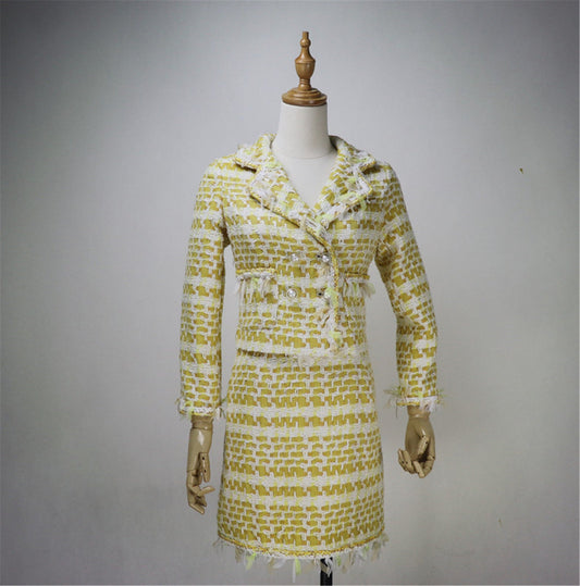 Womens Designer Inspired Custom Made Yellow Tweed Blazer + Skirt Suit