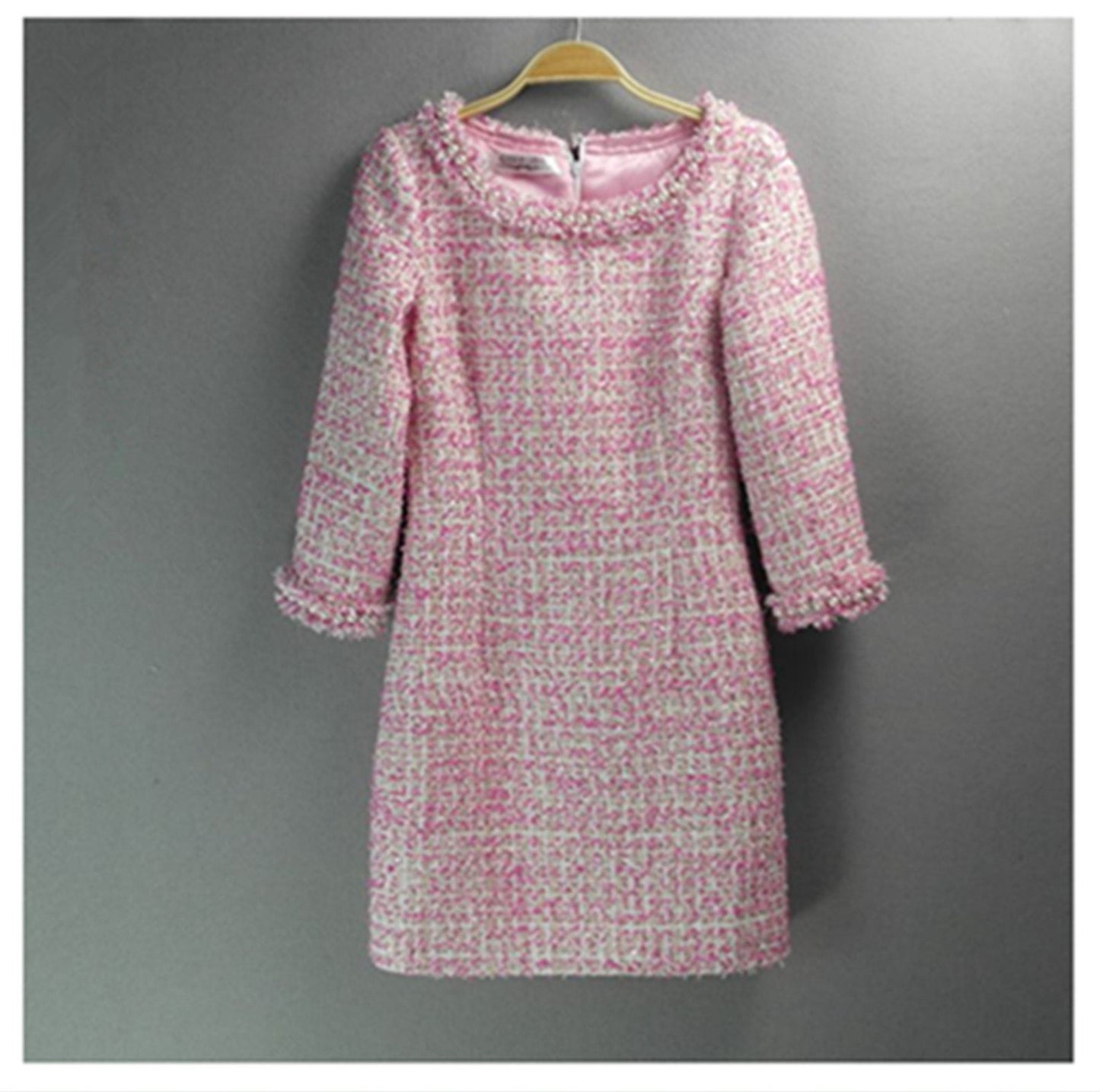 Sheath Pearls Tweed 3/4 Sleeves Dress Hot Pink UK CUSTOMER SERVICE! Sheath Pearls Tweed 3/4 Sleeves Dress Hot Pink - Pink tweed fabric with back zip, 3/4 sleeves, Knee length dress. Can wear it for outside party , holidays and casual or formal wear. Dry Cleaning. The midi length and round-neck gives this pencil fashionable dress a classic and timeless shape, making the baggy trendy pretty dressing gown versatile for various special occasions.