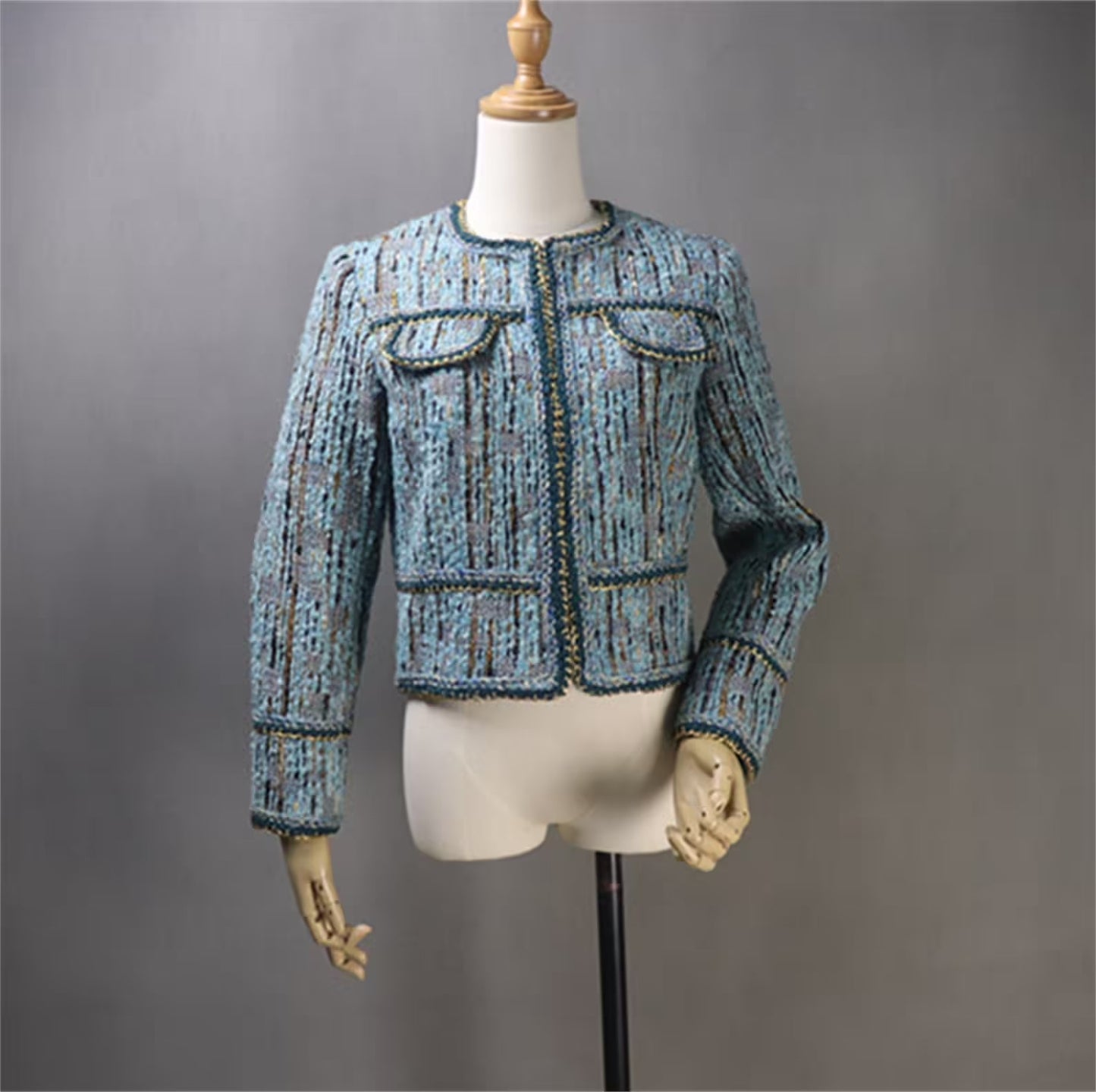 Blue Multi-Color Tweed Jacket Coat Blazer For Womens UK CUSTOMER SERVICE! Coat And Sheath dress sold separately. Blue Multi-Color Tweed Jacket Coat Blazer - We offer Shorts, Skirts, Trousers for the suit. The coat is suits to any dress like sheath dress. Our tailor will make as per customer requirement like with pocket, sleeveless, without pocket etc.