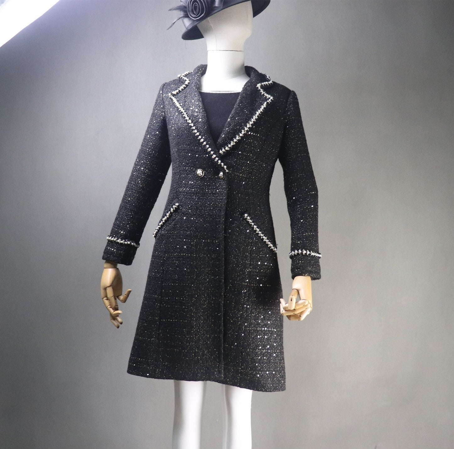 Women's Winter Tailor MADE Sequinned Long Warm Coat Black - Fashion Pioneer