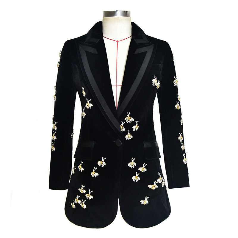 Luxury Women Velvet Jewellery Bees Embroidery Blazer Coat UK CUSTOMER SERVICE! Luxury Women Velvet Jewellery Bees Embroidery Blazer Coat - Black velvet with BEE. Fully lined with inside pocket. All time gives elegant look. Its Fabric Is Light Suitable For Autumn And Early Winter, Soft And So Comfortable You Could Wear It Anywhere. This is Velvet and Long Sleeve