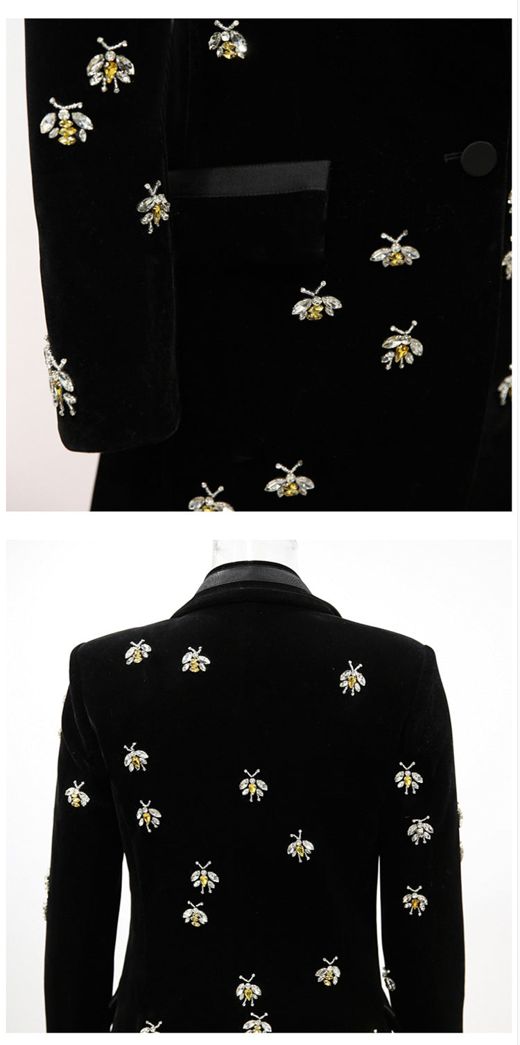 Luxury Women Velvet Jewellery Bees Embroidery Blazer Coat UK CUSTOMER SERVICE! Luxury Women Velvet Jewellery Bees Embroidery Blazer Coat - Black velvet with BEE. Fully lined with inside pocket. All time gives elegant look. Its Fabric Is Light Suitable For Autumn And Early Winter, Soft And So Comfortable You Could Wear It Anywhere. This is Velvet and Long Sleeve