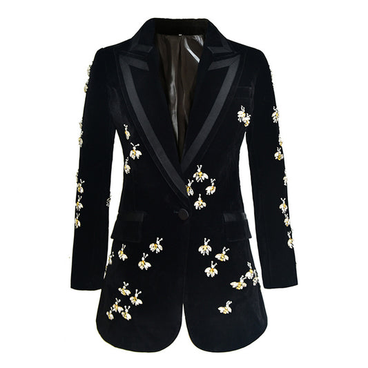 Luxury Women Velvet Jewellery Bees Embroidery Blazer Coat  UK CUSTOMER SERVICE! Luxury Women Velvet Jewellery Bees Embroidery Blazer Coat - Black velvet with BEE. Fully lined with inside pocket. All time gives elegant look. Its Fabric Is Light Suitable For Autumn And Early Winter, Soft And So Comfortable You Could Wear It Anywhere. This is Velvet and Long Sleeve