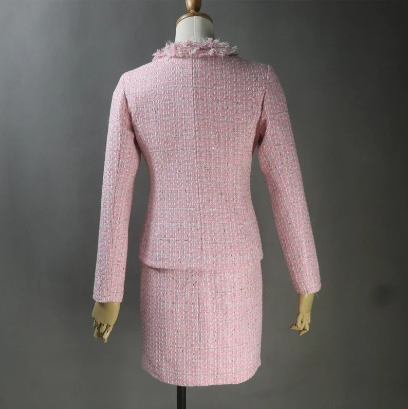 Women Custom Made Tweed Pink Colour Tassel Fringe Dress (more than 10% discount) - We are happy to make as per customer size like Oversized, Plus Size, Extra Size, Perfect body measure ,Small size ,Large size. Our tailor will make perfect Tweed fabric for you. This is all season dress, can wear for outside, weddings , ceremony, Events and functions.