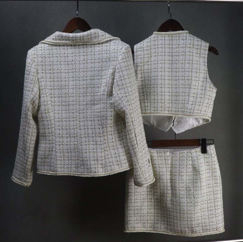 Fashion Pioneer Women's CUSTOM MADE Beige Tweed Jacket Coat Blazer + Crop Vest + Skirts 3 Pieces UK CUSTOMER SERVICE! CUSTOM MADE Blazer + Shorts/Skirts/Trousers Sequinned Jacket Coat for Women, Can worn for ceremony, Inauguration , Party, Night Out and Evening Friends with Dinner. No Machin washable. We offer Shorts, Skirts, Trousers for the suit.
