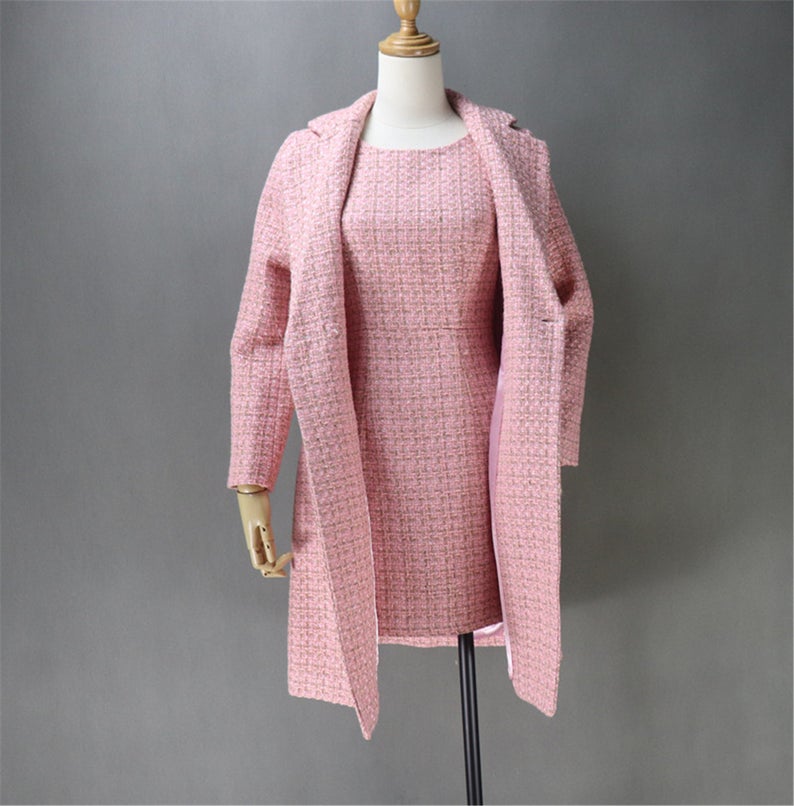 Pink Tweed Sheath Dress + Long Coat (20% discount) - This is tweed fabric, seasonal fabric, can wear all time. Back zip with long pink coat. Look gorgeous and feel comfort to wear. Can wear official use, Business use ,ceremony and inauguration. As per customer requirement, our tailor will made change in pink tweed fabric and coat.