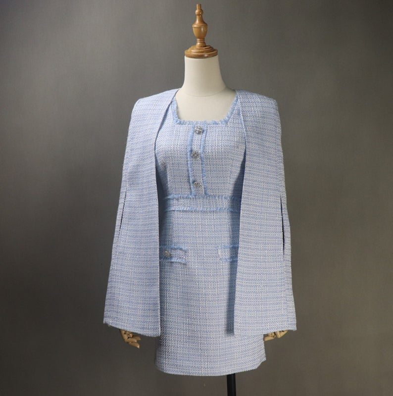 Women's CUSTOM MADE Tweed Blue Jacket Coat Blazer+ Dress/ Skirt/ Trousers - Fashion Pioneer