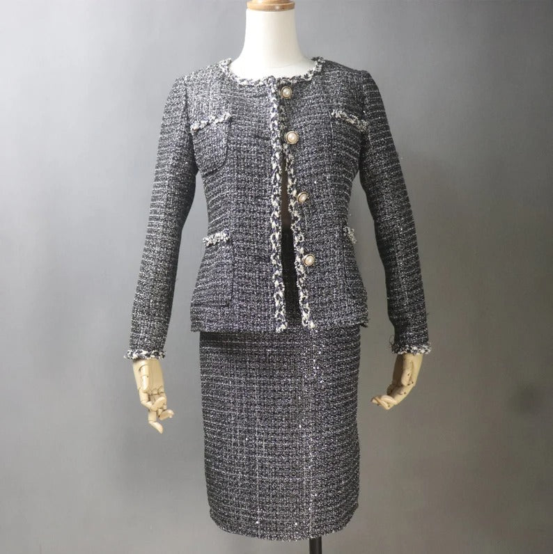 Women Custom Made Tweed Dark Grey Jacket + Dress/Shorts/ Pencil Skirt Suit - Fashion Pioneer