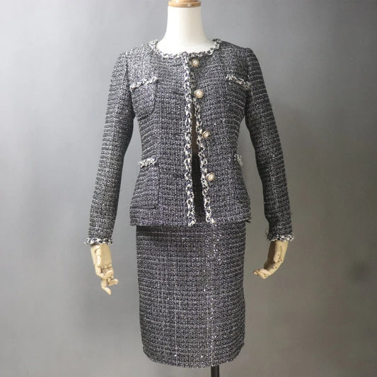 Women Custom Made Tweed Dark Grey Jacket + Dress/Shorts/ Pencil Skirt Suit - Fashion Pioneer