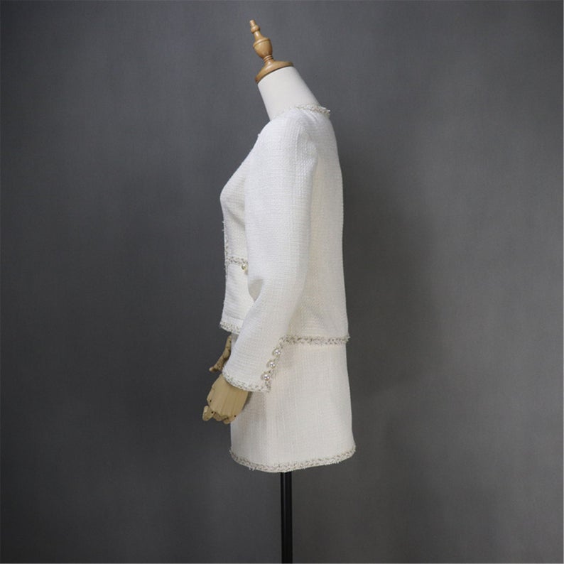 Women's Designer Inspired Custom Made Golden Sparkle Trim Tweed Skirt Suit White - Fashion Pioneer