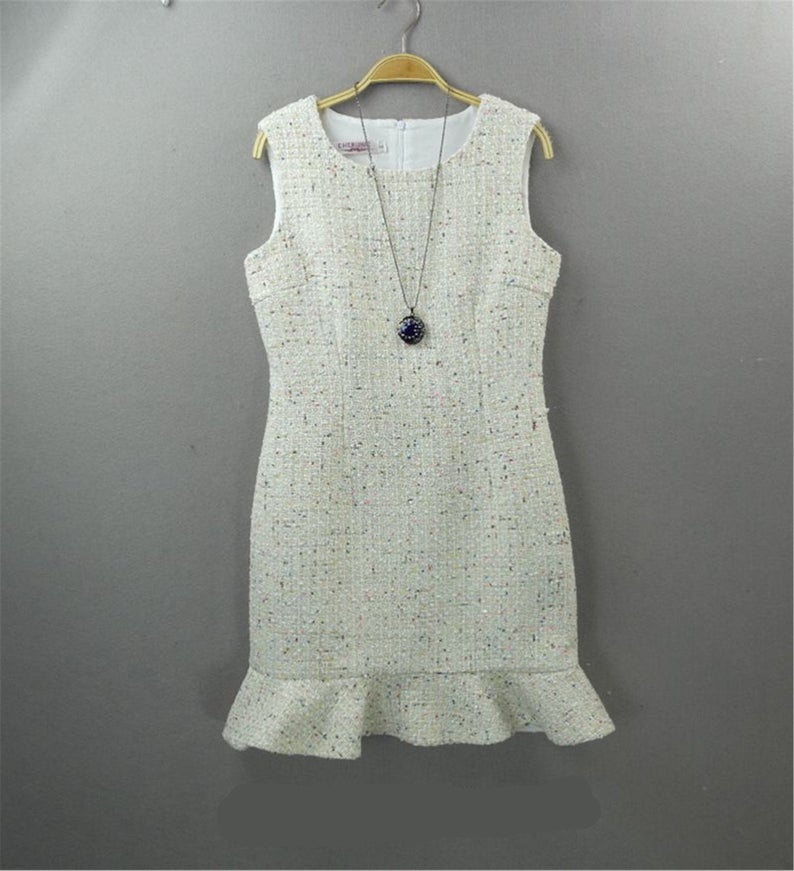 White Round Neck Tweed Fishtail Dress 4 Colours for Womens UK CUSTOMER SERVICE! White Round Neck Tweed Fishtail Dress 4 Colours for Womens - All items are made to order. Please advise your height, weight and body measurements ( Bust, shoulder, Sleeves, Waist and Length etc). Our tailors will make the order for you!. Can wear for all seasons. This is round neck with back zip and fishtail. Feel more comfort and look beautiful. Materials: Polyester