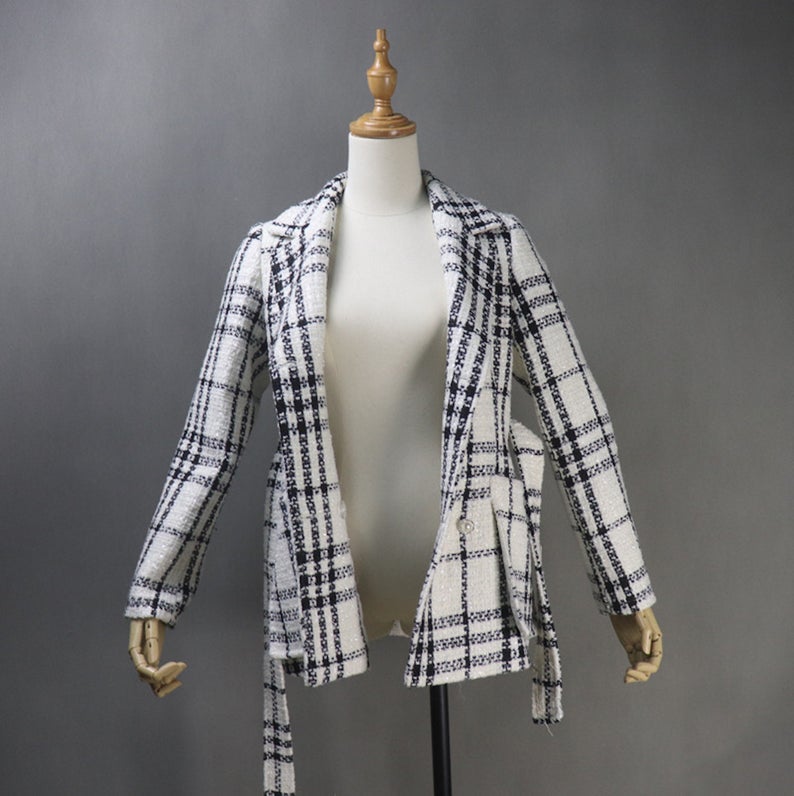 Tweed Checked Double Breasted Coat White *Customized Size* UK CUSTOMER SERVICE! Tweed Checked Double Breasted Coat White - This is front pocket with pearl button and front tie belt, Long Sleeves, sliver lined with black and white checked tweed fabric. Can worn winter time , outside and autumn season.