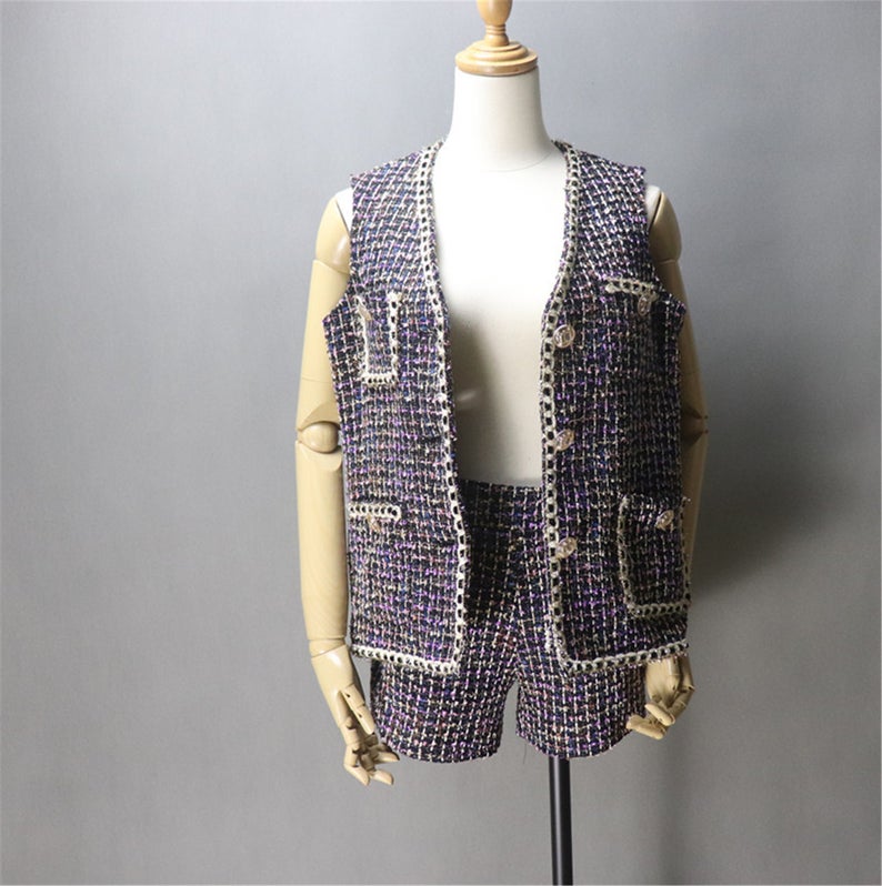 Custom Made Hand Made Asymmetric Trim Pockets Tweed Vest + Shorts Media