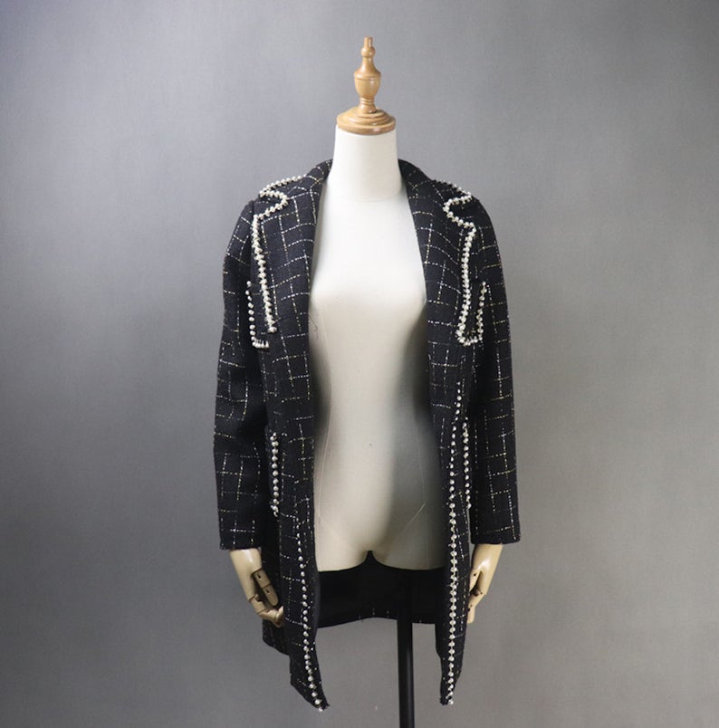 Tailor Made Tweed Pearls Black Checked Blazer Mid Length / Long Coat for Women UK CUSTOMER SERVICE! Tailor Made Tweed Pearls Black Checked Blazer Mid Length / Long Sequinned Coat for Women, can worn for ceremony, inauguration and official use. Its no machine washable, dry cleaning and feel more comfort to wear.