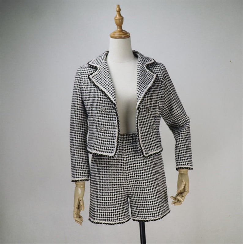Custom Made Checked Pattern Tweed Crop Blazer + Shorts/Skirt Suit