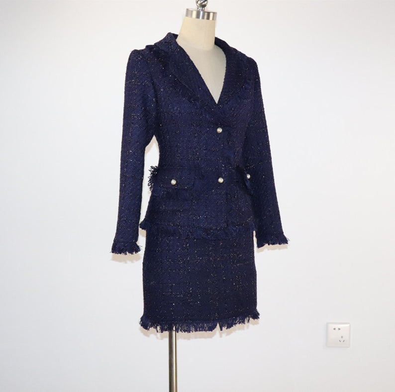 Tweed Tassel Blazer Custom Made Sequined + Skirt Suit Navy UK CUSTOMER SERVICE! Tweed Tassel Blazer Custom Made Sequined + Skirt Suit Navy - It is a lovely fit and the shoulders of the blazer are very lightly padded for a strong silhouette. A chic and sophisticated multicolour jacket. This jacket will look great worn for a smart event or even casually.