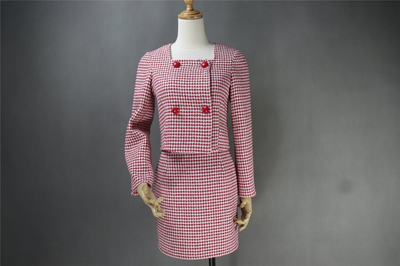 Custom Made Tweed Squire Neck Small Check Blazer + Skirt Suit