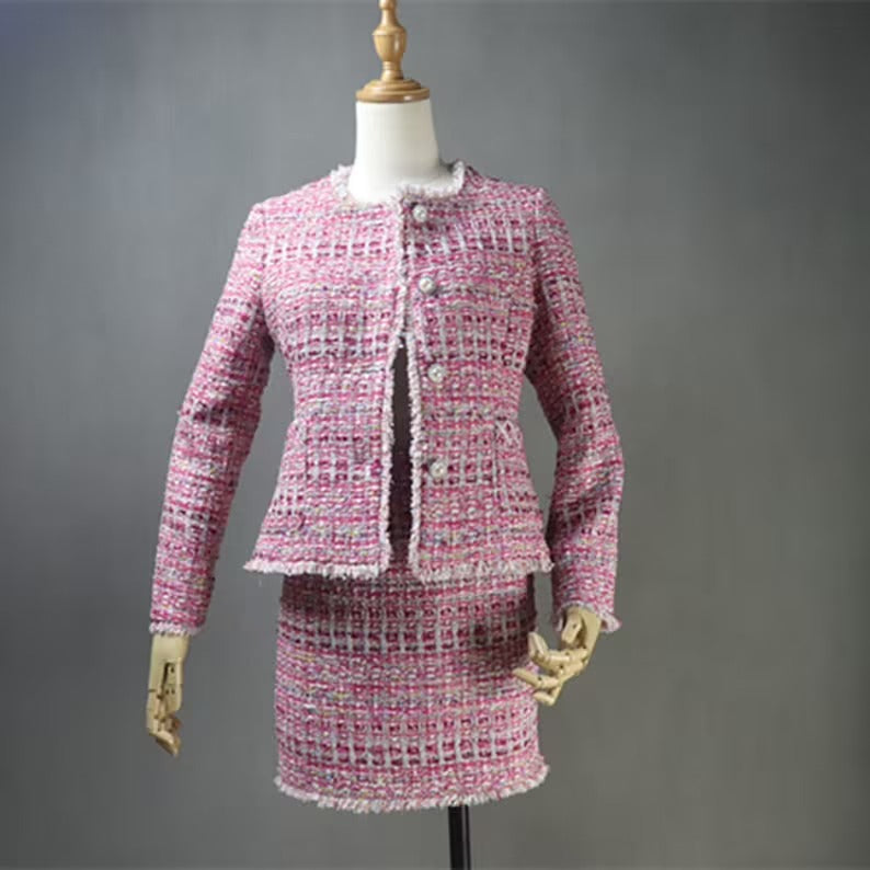 Custom Made Pink Multi-Color Tweed Coat For Womens UK CUSTOMER SERVICE! Custom Made Pink Multi-Color Tweed Coat For Women's - Our tailor will make as per customer requirement like with pocket, sleeveless, without pocket etc. Suit is design with tweed fabric, its unique style and can worn for party, night out, ceremony , inauguration and Functions.