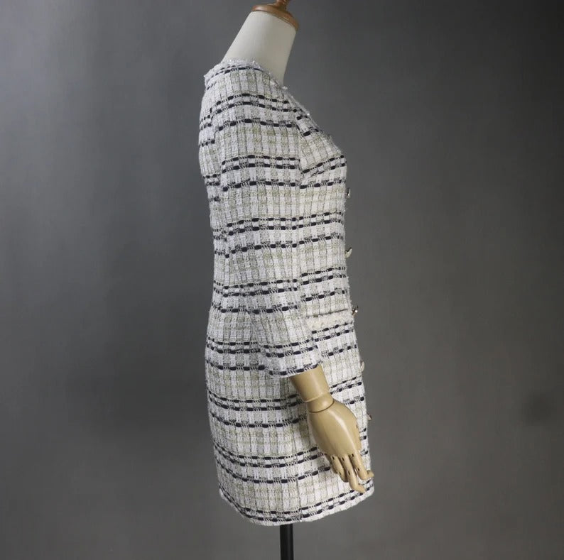 We make one for you with unique style, like no others. Can wear for business ,ceremony ,Events, and functions. You can get extra size, plus size, oversized, perfect measurement according to your shape from our tailors. This white tweed dress is perfect for any formal occasions such as wedding, graduation, interviews, business meetings, Daily office wear. Dry Cleaning. The midi length and round-neck gives this pencil fashionable dress a classic and timeless shape,