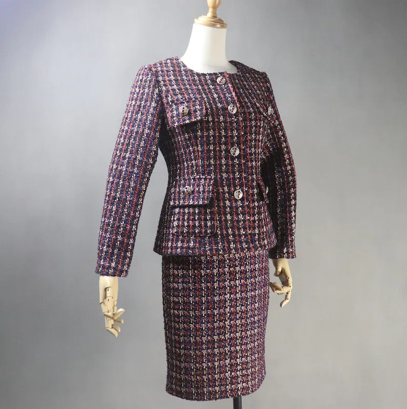 Tailored Women's Dark Red Checked Jacket Coat with Skirt UK CUSTOMER SERVICE! Tailored Women's Dark Red Checked Jacket Coat with Skirt- Red checked suits with pant and jeans. Designed with front pocket and silver buttons. Tweed fabric. Dry clean and no machine wash. Can worn for ceremony, college Inauguration , Party, Night Out and Evening Friends with Dinner. No Machine washable. We offer Shorts, Skirts, Trousers for the suit. "Black Sheath dress and Jacket was sold separately".