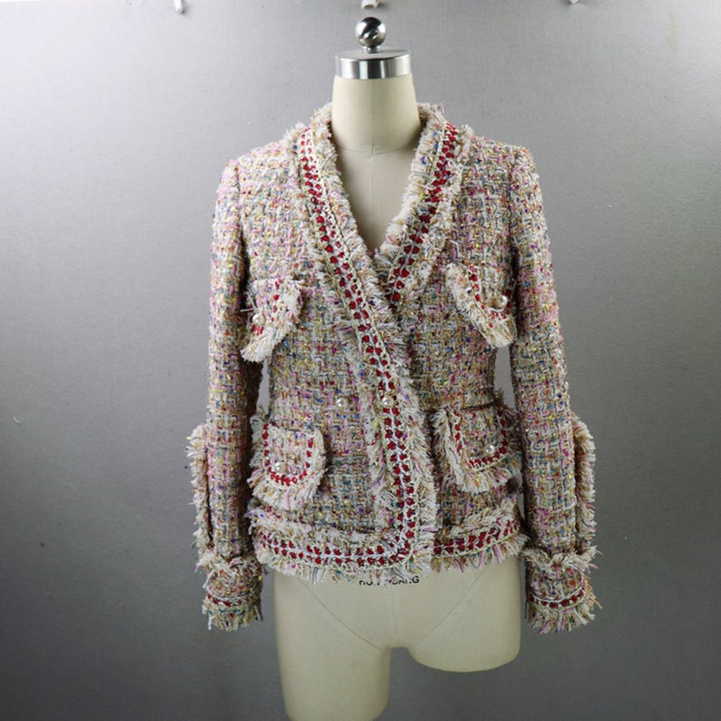 Women's Tassel Pearl Button Tweed Jacket Coat *Customized Size* UK CUSTOMER SERVICE! Women's Tassel Pearl Button Tweed Jacket Coat Blazer - Four front pockets with pearl buttons. Suitable for Winter, outside wear , night wear and autumn season. Casual jacket for women with long sleeves. Jacket fashionable, breathable and comfortable, Can be paired with various bottoms and goes great with skirts, dresses, jeans.