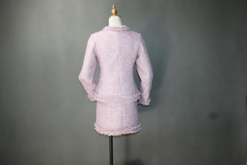 Big Pockets Custom Made Tassel Tweed Skirt Suit Pink
