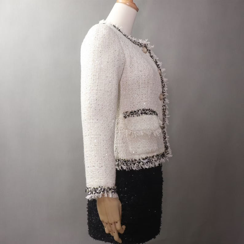 Pearl Buttons Fringe Cream Tweed Jacket Coat Blazer For Women's UK CUSTOMER SERVICE! Coat And Sheath dress sold separately. Pearl Buttons Fringe Cream Tweed Jacket Coat Blazer - We offer Shorts, Skirts, Trousers for the suit. The coat is suits to any dress like sheath dress. Pearl buttons with tassel design. Our tailor will make as per customer requirement like with pocket, sleeveless, without pocket etc.