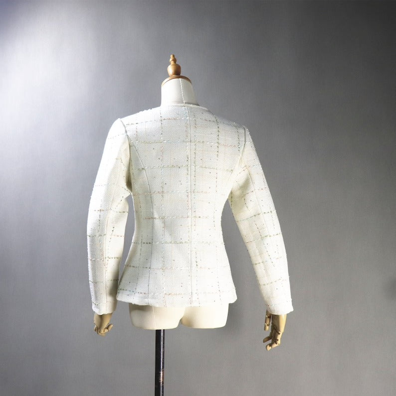 Women's Tailor MADE Check White Blazer *Custom Made* UK CUSTOMER SERVICE! Women's Tailor MADE Check White Blazer - Checked white tweed design with pockets. Suits and Coat have unique style. Can worn for inauguration, party ,wedding , events and ceremonies. We offer Shorts, Skirts, Trousers for the suit. Our tailor will make as per customer requirement like with pocket, sleeveless, without pocket etc.