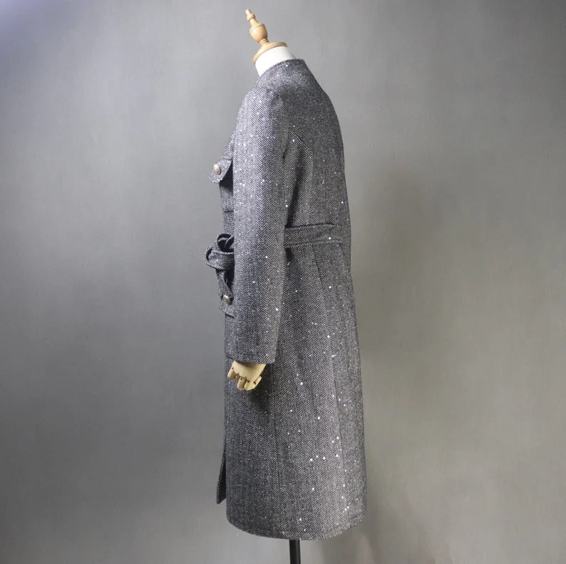 Women's Winter Tailor MADE 50% Wool Tweed Belted Long Warm Trench Coat Black - Fashion Pioneer