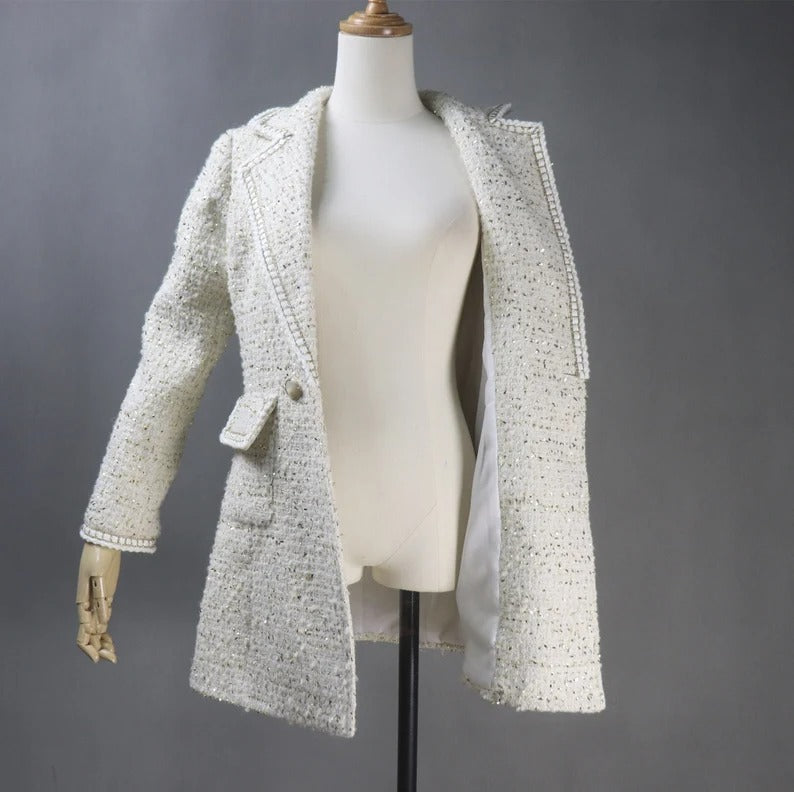 Women's CUSTOM MADE Chain Trim Golden Sparkle Tweed Coat Cream UK CUSTOMER SERVICE! Women's CUSTOM MADE Chain Trim Golden Sparkle Tweed Coat Cream- Long Coat have unique style. Can worn for winter season, party wear, night out ,it has front pocket with sequinned design ,white buttons and Long Sleeves. You can feel more comfort and warm. Fully Lined and sharply tailored. Made of comfortable and fantastic fabric, show off your charming curves.