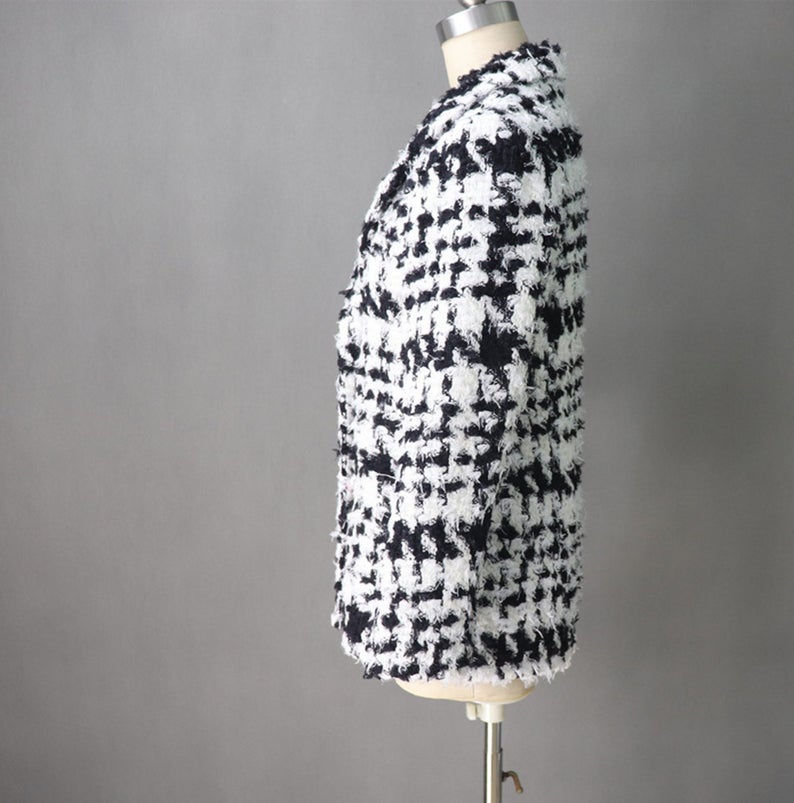 Black and White Checked Tweed Jacket Coat Blazer *Customized Size* UK CUSTOMER SERVICE! Black and White Checked Tweed Jacket Coat Blazer - Custom made blazer with front pocket and pearl buttons. This is suitable for all occasion.