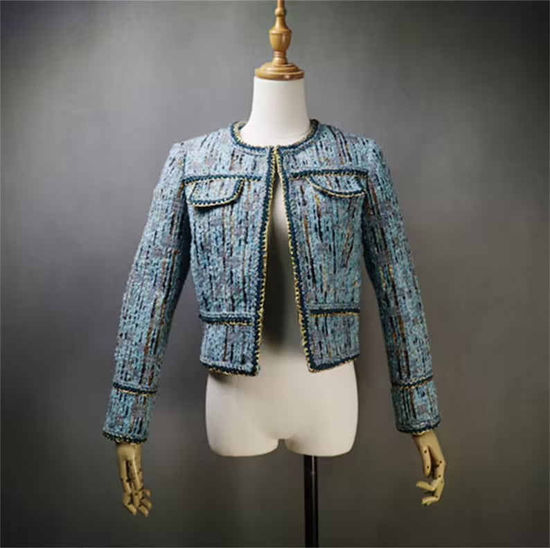 Blue Multi-Color Tweed Jacket Coat Blazer For Womens UK CUSTOMER SERVICE! Coat And Sheath dress sold separately. Blue Multi-Color Tweed Jacket Coat Blazer - We offer Shorts, Skirts, Trousers for the suit. The coat is suits to any dress like sheath dress. Our tailor will make as per customer requirement like with pocket, sleeveless, without pocket etc.