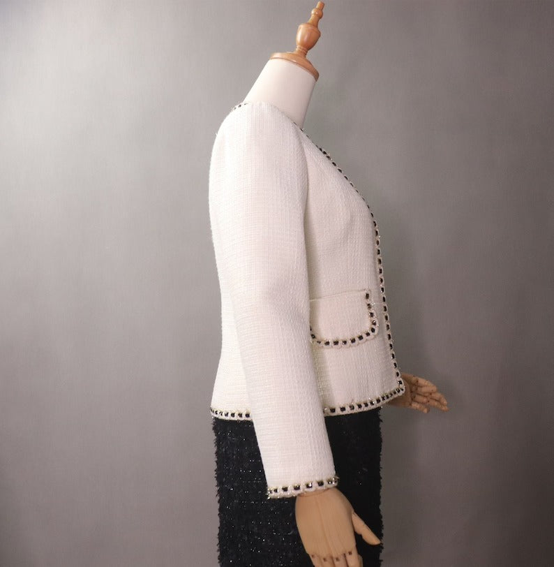 Women's CUSTOM MADE White Tweed Coat Blazer UK CUSTOMER SERVICE! Coat And Sheath dress sold separately. Women's CUSTOM MADE White Tweed Coat Blazer - We offer Shorts, Skirts, Trousers for the suit. The coat is suits to any dress like sheath dress. Designed with rose and front pocket. Our tailor will make as per customer requirement like with pocket, sleeveless, without pocket etc.
