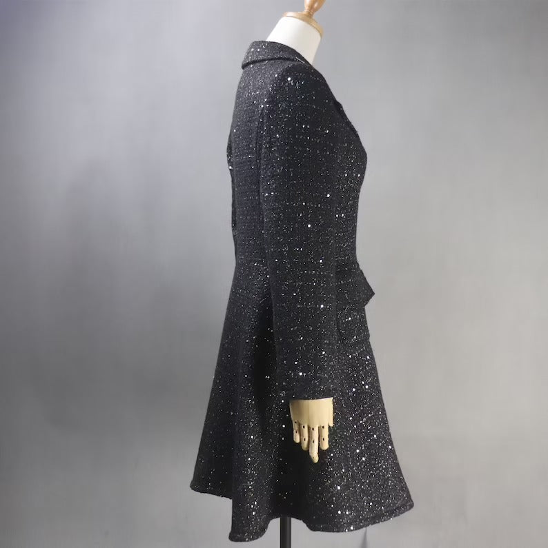 Black Sequinned Flare Tweed Long Warm For Womens. Long Winter Coat,Black Winter Coat,Sequinned Long Coat,Sequin Winter long Coat,Sequin warm long coat,Warm Long Coat,Winter Long Coat,Women Long COat for Winter,sequin long coat,sequin winter coat
