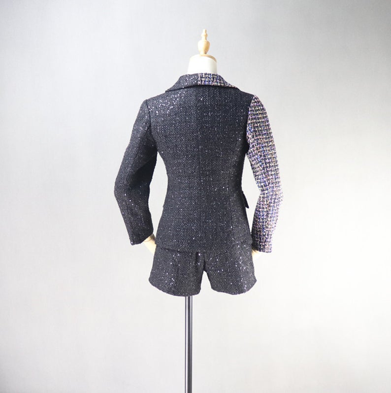 Sequined Custom Made Tweed Colour Crash Shorts/Skirt Suit